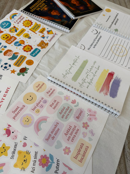 Set pentru Copii – Jurnal de Recunoștință și Dezvoltare Emoțională + Stickere Motivaționale