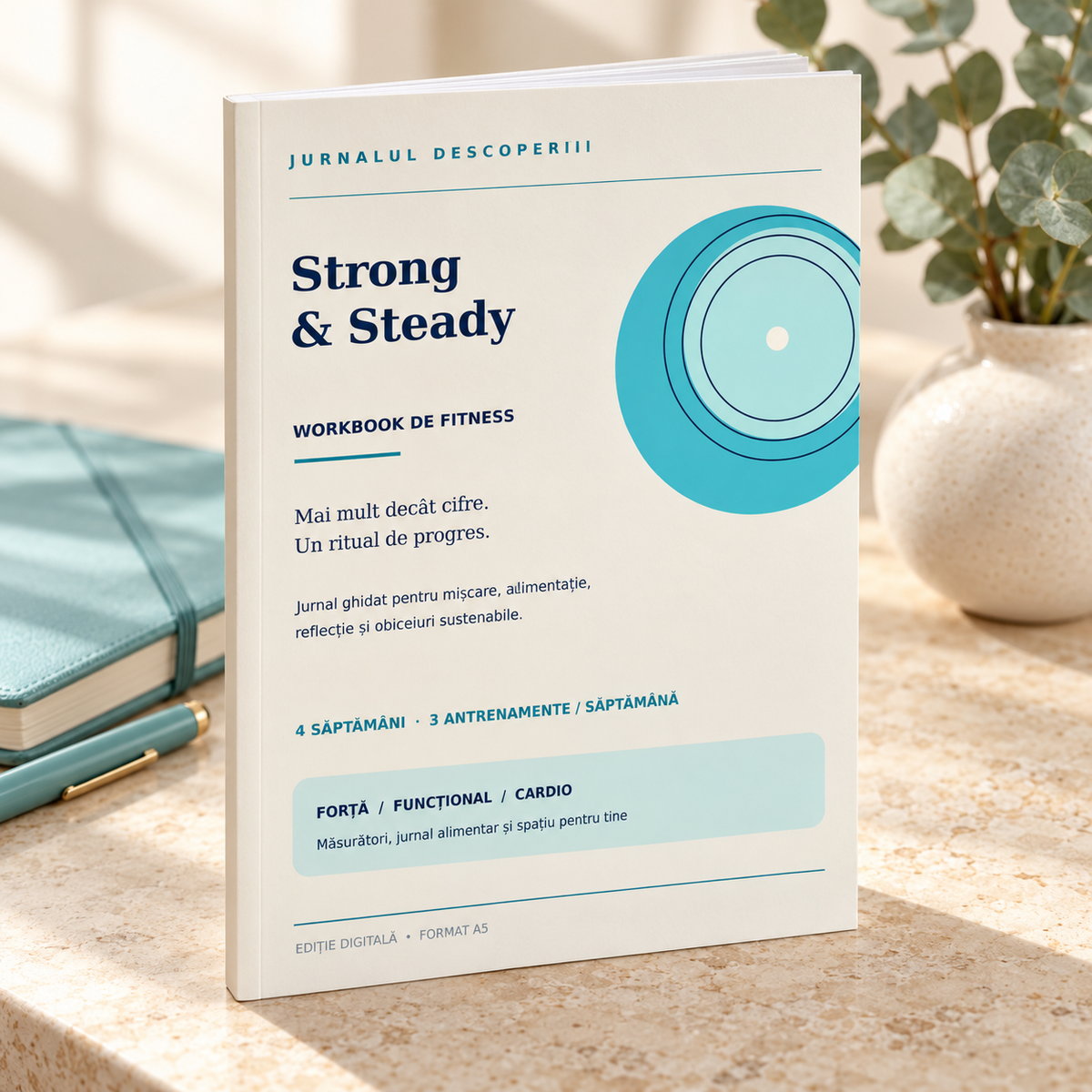 Strong & Steady – Jurnal Fitness, Alimentație și Progres | 4 Săptămâni · PDF Digital A5